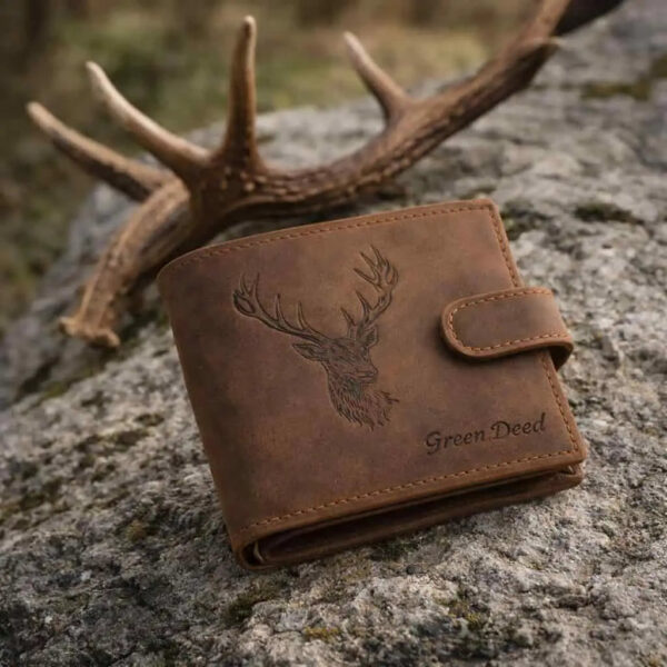 Portofel Vânătoare Personalizat cu Cerb – Piele Naturală Maro Antichizat, 10,8×8,5 cm, Cutie Cadou